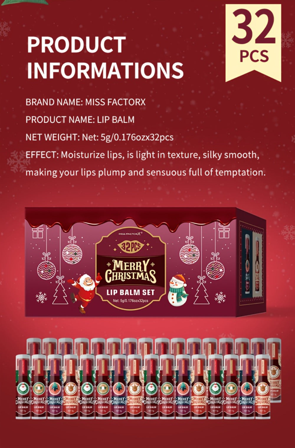 MISS FACTOR 32-Piece Lip Balm Set with Individually Capped Tubes in Red Christmas Gift Box — image 20