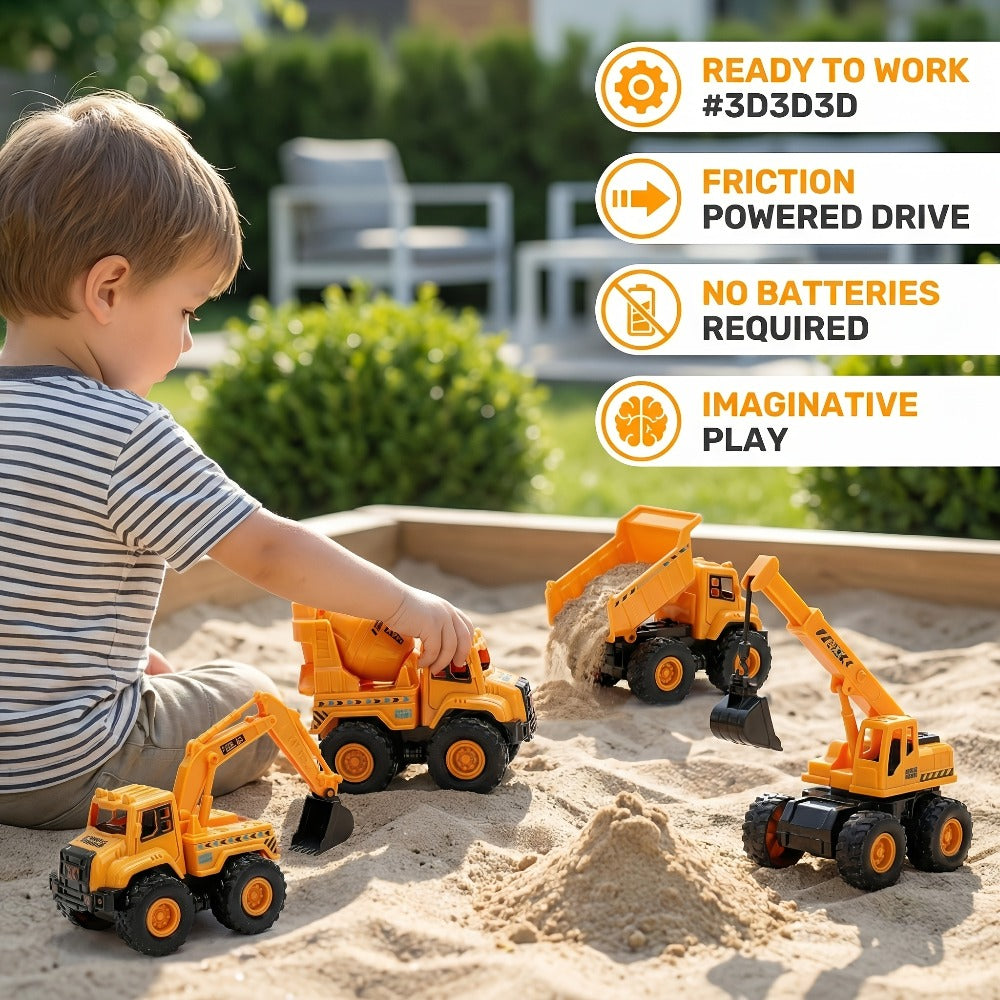 4-Piece Construction Truck Set for Kids, Excavator Dump Truck Crane Cement Mixer Sandbox STEM Engineering Vehicle Playset — i