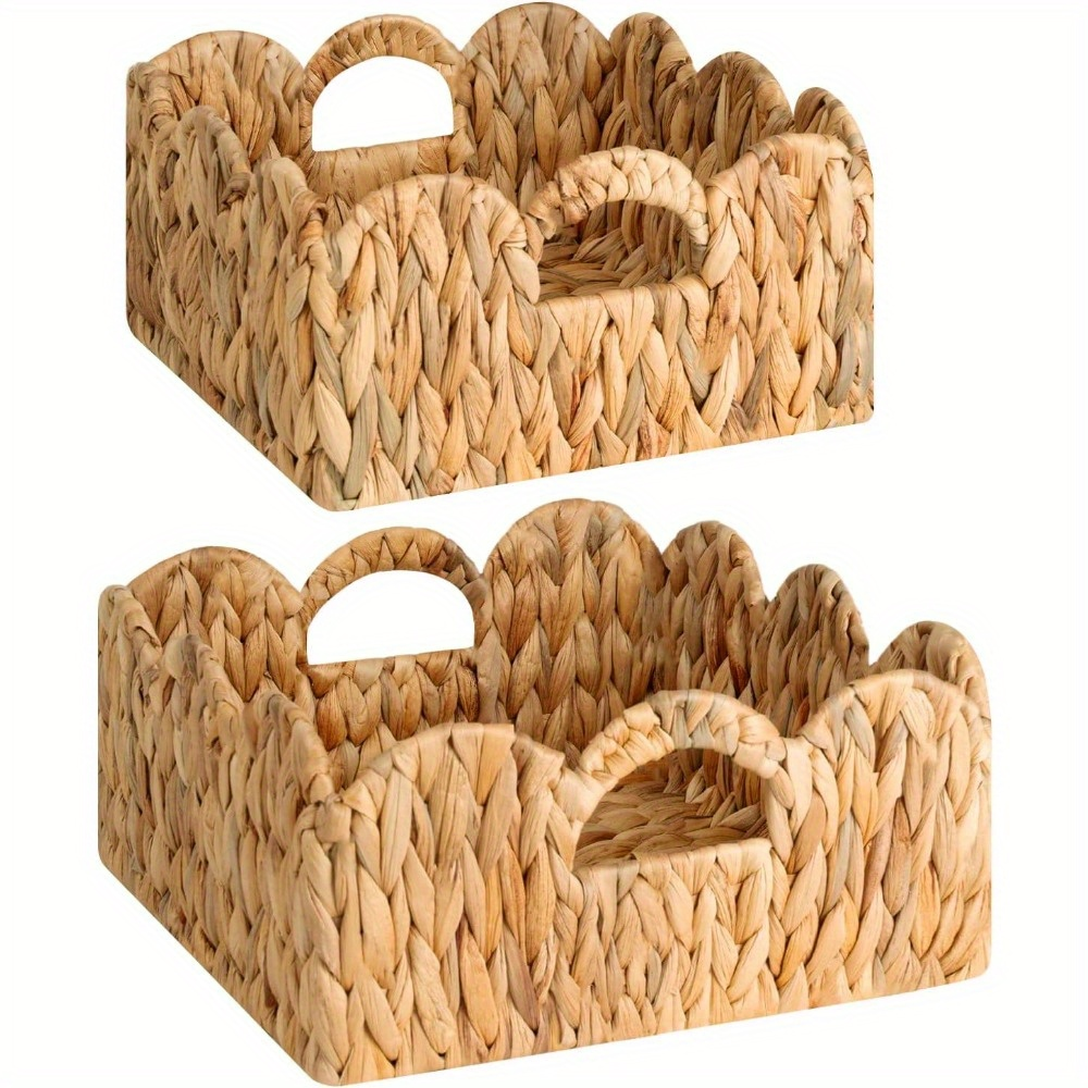 Scalloped Wicker Storage Baskets Set of 2 with Handles in Water Hyacinth or Seagrass Weave — image 7