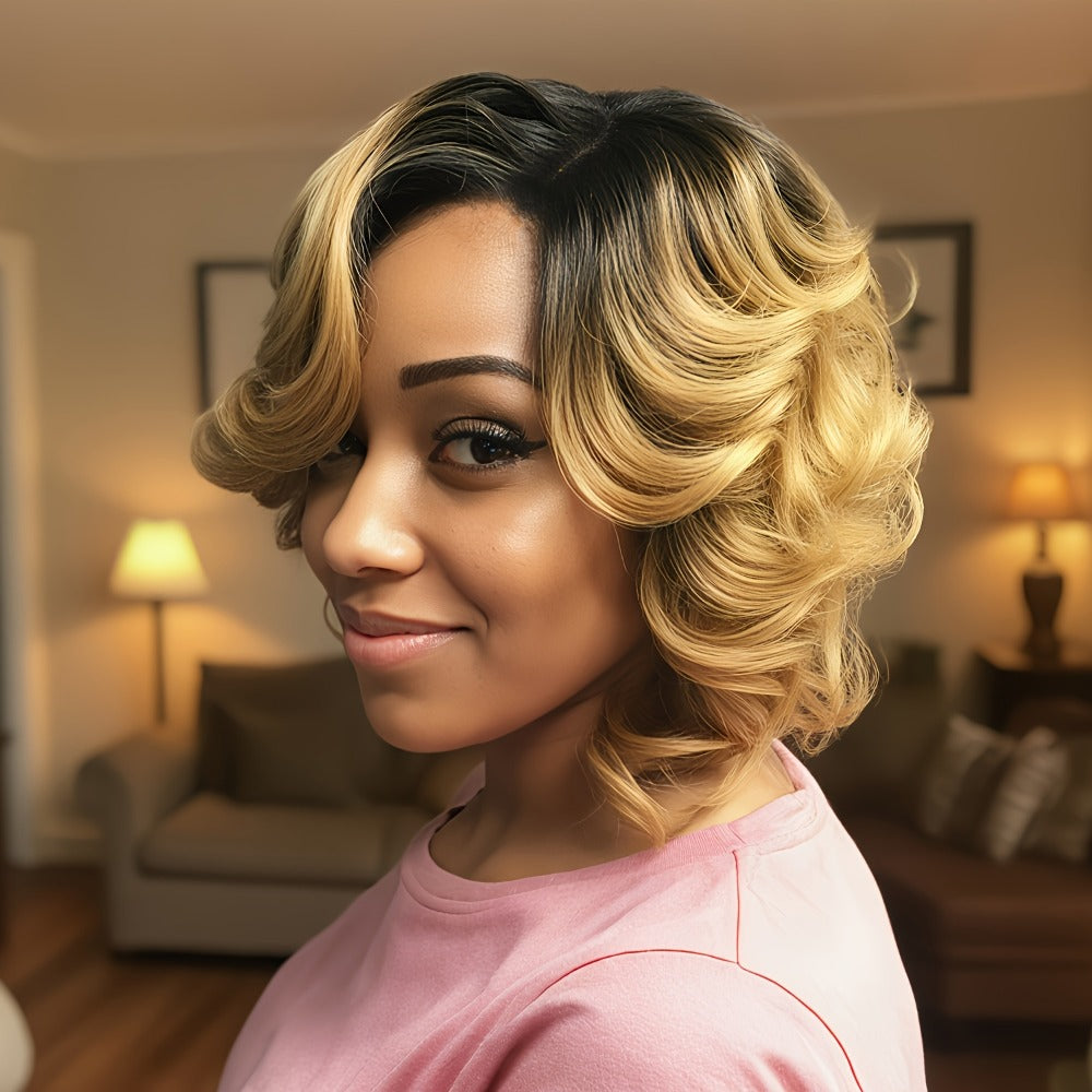 Synthetic Wig 12-Inch Ombre Blonde Curly-Wave Bob with Dark Roots and Adjustable Cap for Party Styling — image 3