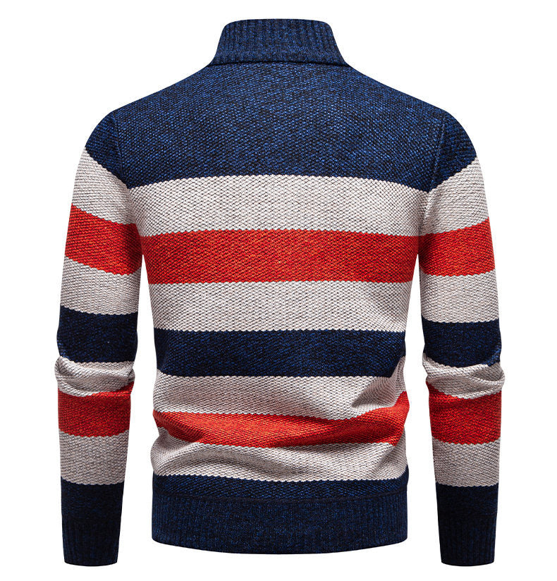 Mens Color-Block Stand-Up Collar Half-Zip Fleece-Lined Thermal Sweater