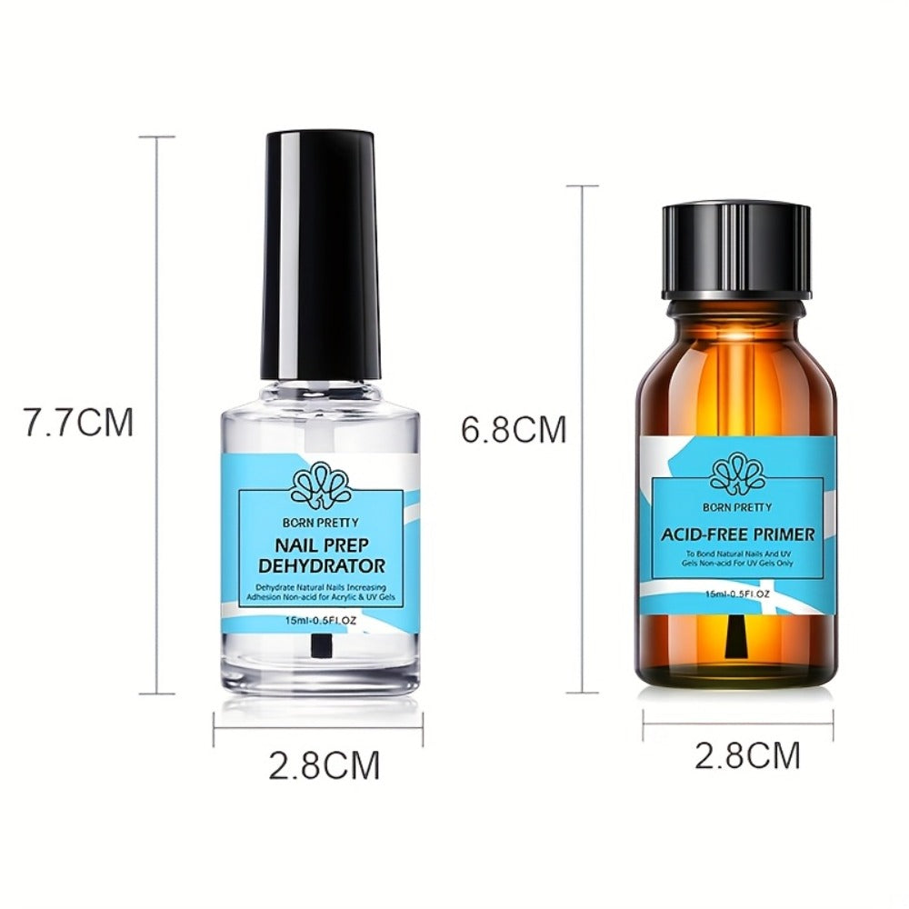 Gel Nail Prep Kit 4-Piece BORN PRETTY – Nail Dehydrator 15ml, Primer 15ml, Base Gel 10ml & Super Top Coat 10ml for Semi-Perma