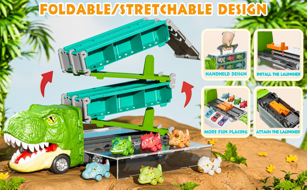 Dinosaur Truck Toys 13-in-1 Transport Carrier with 63-Inch Foldable Race Track, 6 Dino Cars + 6 Die-Cast Cars — image 13