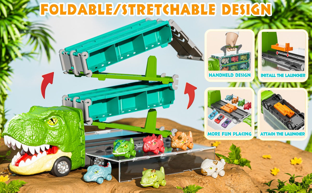 Dinosaur Truck Toys 13-in-1 Transport Carrier with 63-Inch Foldable Race Track, 6 Dino Cars + 6 Die-Cast Cars — image 13