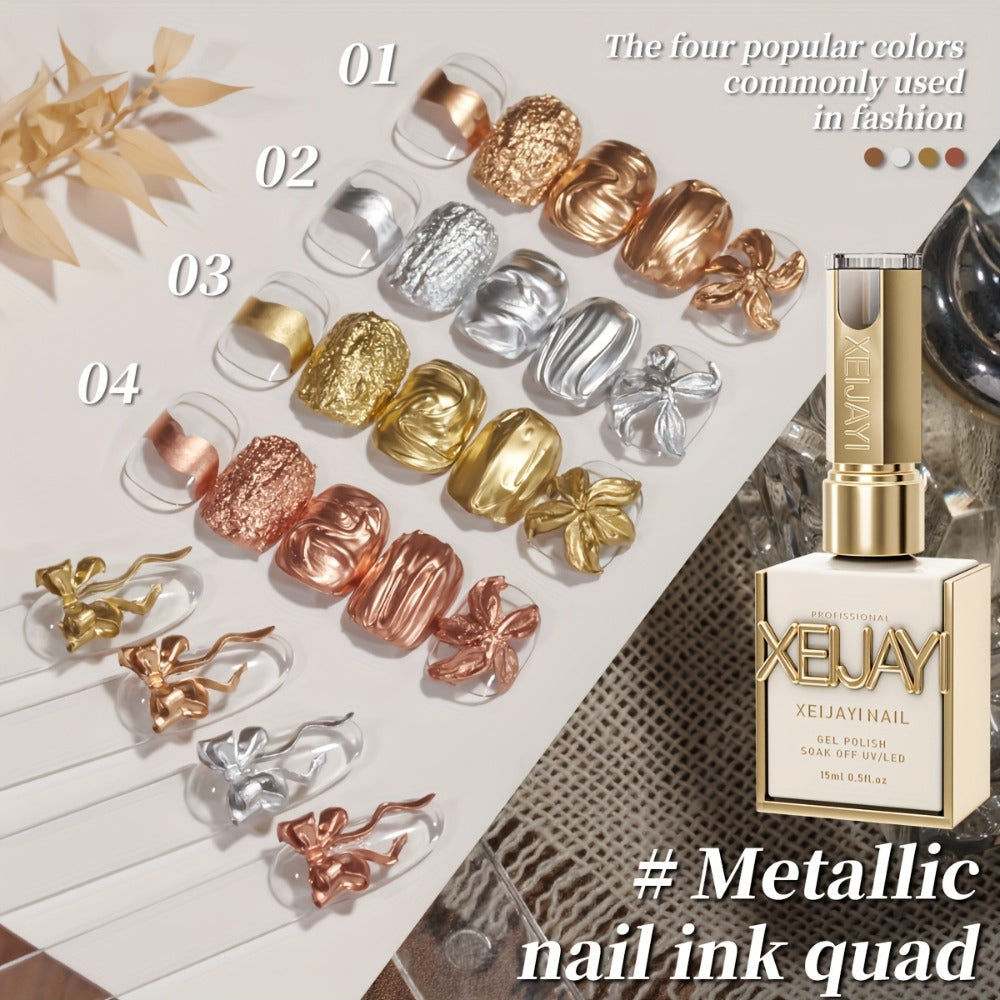 Metallic Smudge Nail Art Gel Four-Bottle Set in Gold, Silver and Rose Tones with Narrow Cap Brushes — image 2