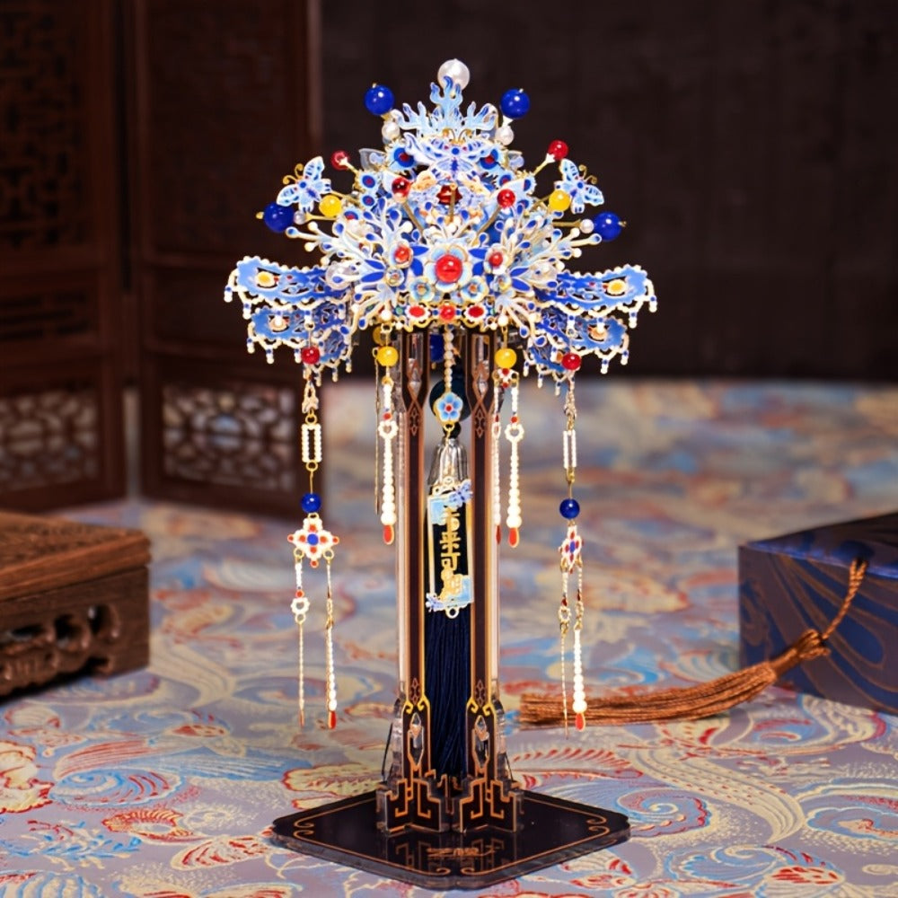 3D Metal Puzzle Phoenix Crown Qingluan – Blue & Gold DIY Assembly with Beads & Tassels, Chinese Mythology Art Collectible — i