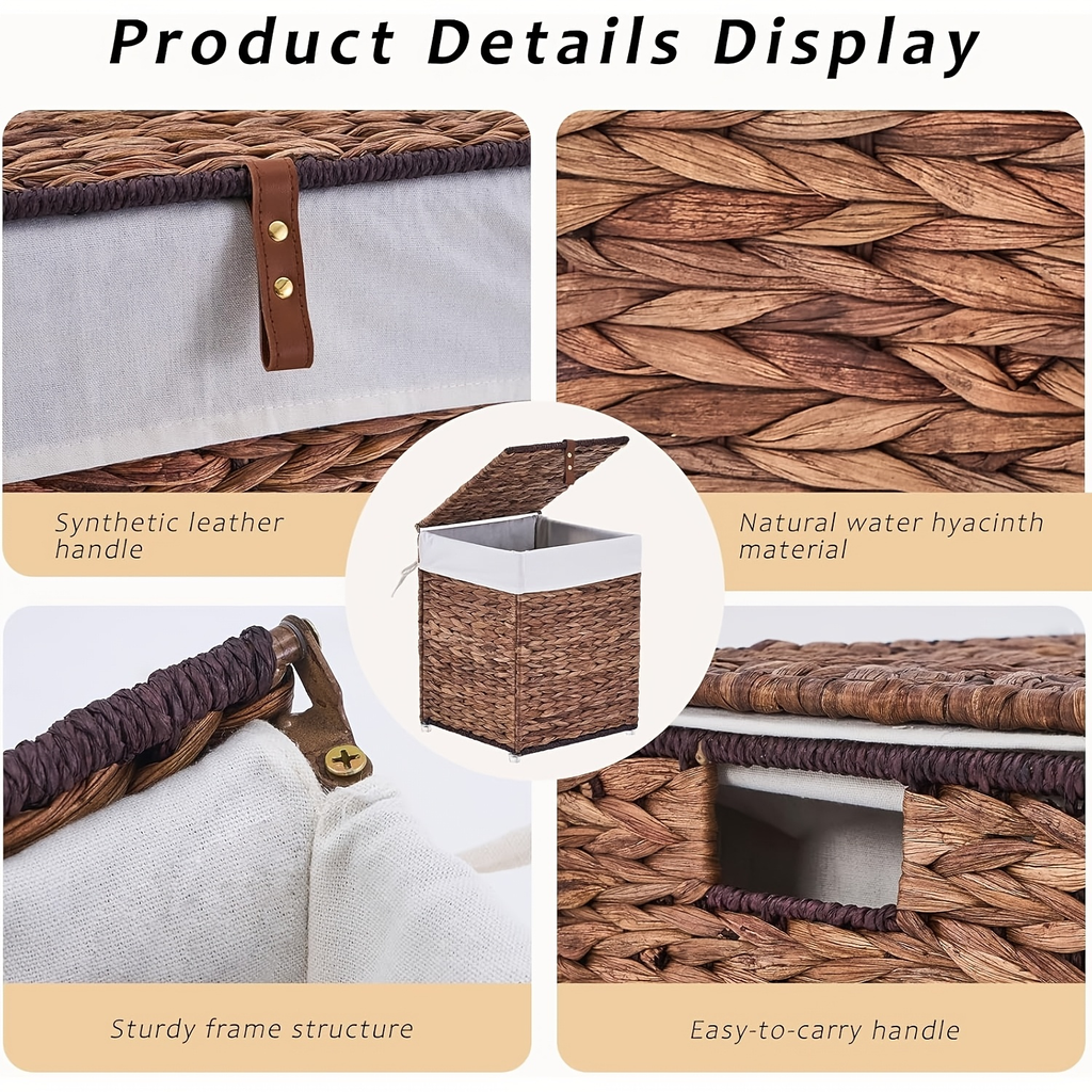 Laundry Basket with Lid & Handles – Handwoven Water Hyacinth Wicker Hamper, Removable Cotton Liner — image 9