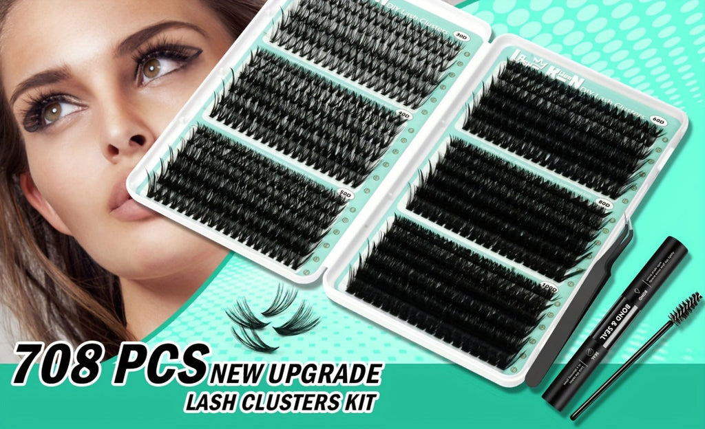 Lash Clusters Kit 708Pcs with Tweezers, Glue & Brush – Soft Silky Fiber False Eyelashes Full Voluminous DIY Lash Extension Se