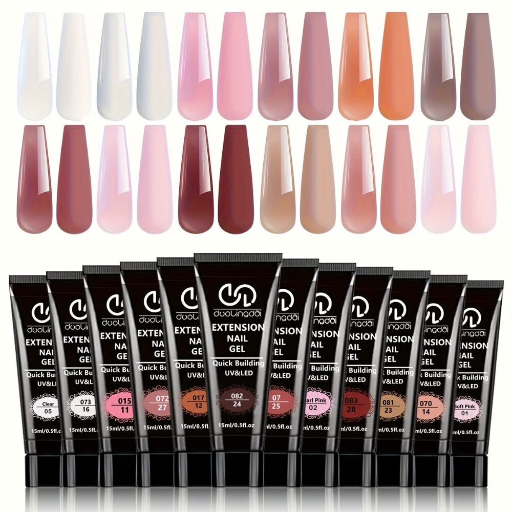 Twelve-Color Poly Extension Gel Tube Set with Nude, Pink, White and Clear Shades for UV or LED Nail Art and Extensions — imag
