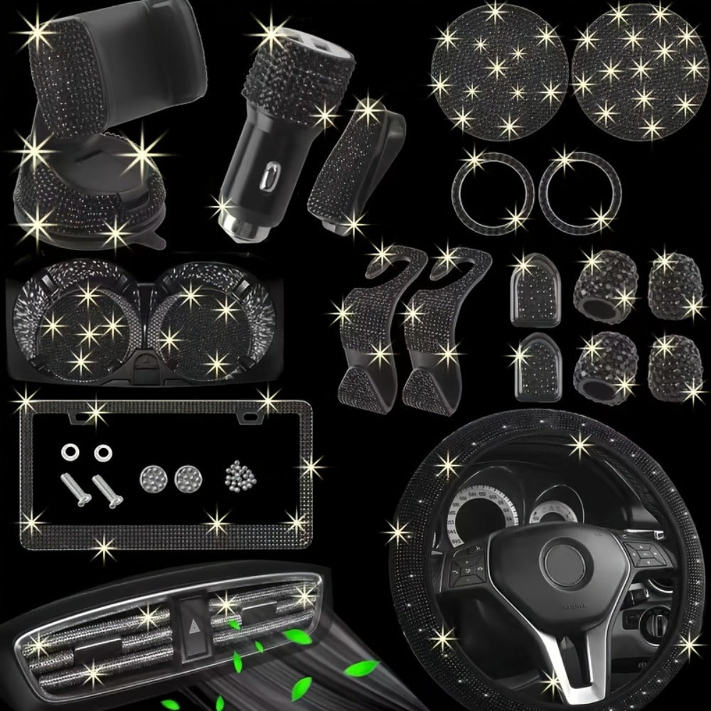 27pcs Bling Car Accessories Set for Women – Steering Wheel Cover 15", Car Coasters, License Plate Frame & Phone Holder — imag