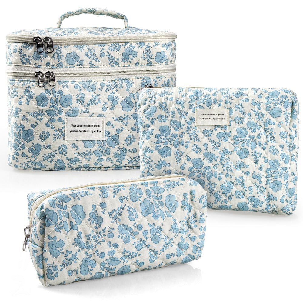 Quilted Floral Makeup Bag Set 3PCS Large Capacity Dual Layer Cotton Cosmetic Bags Coquette Aesthetic Travel Toiletry Organize