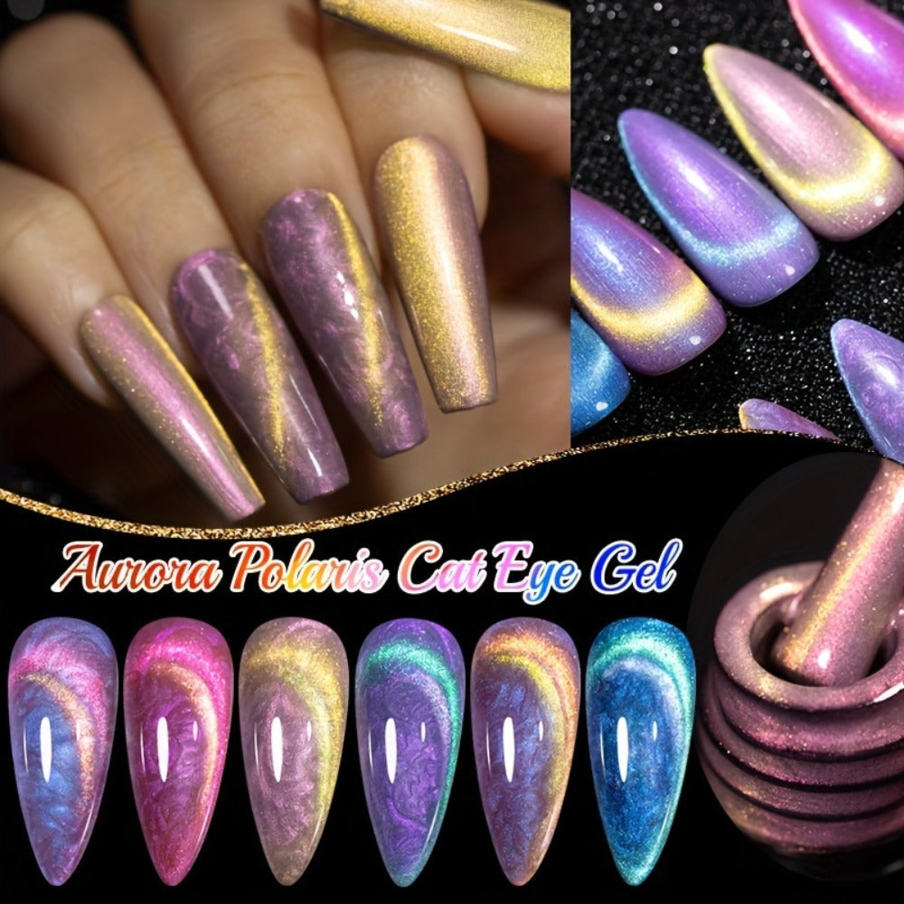Gel Nail Polish 6-Piece 9D Aurora Magnetic Cat-Eye Set with Pearl-Shell Glitter Effect and UV/LED Soak-Off Cure — image 3