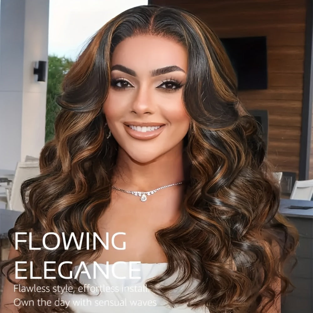 200% Density Lace Front Wig Human Hair Brown Highlights Long Wavy Pre-Plucked Glueless Heat, for Home, Travel and Salon Hair 