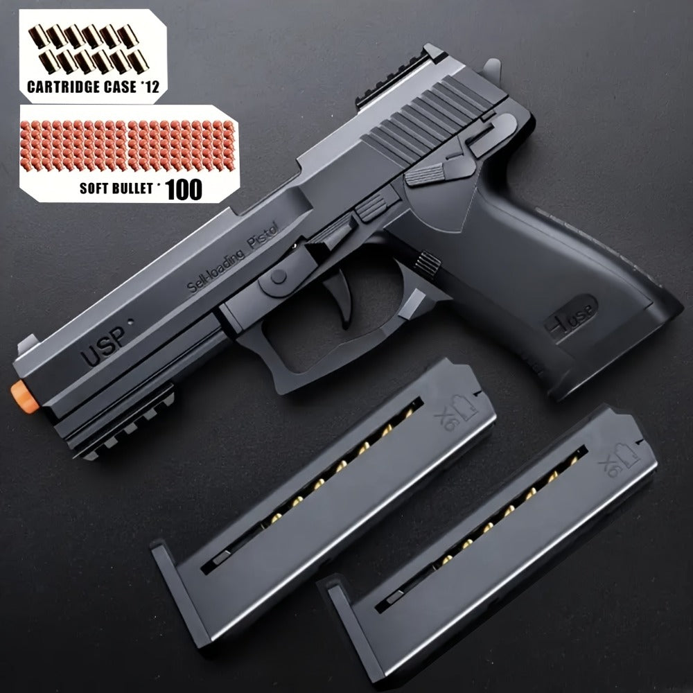 USP Clip Toy Gun Pistol with Continuous Shooting, 100 Bullets & 2 Magazines Rapid Fire Foam Blaster for Kids Boys Girls Ages 
