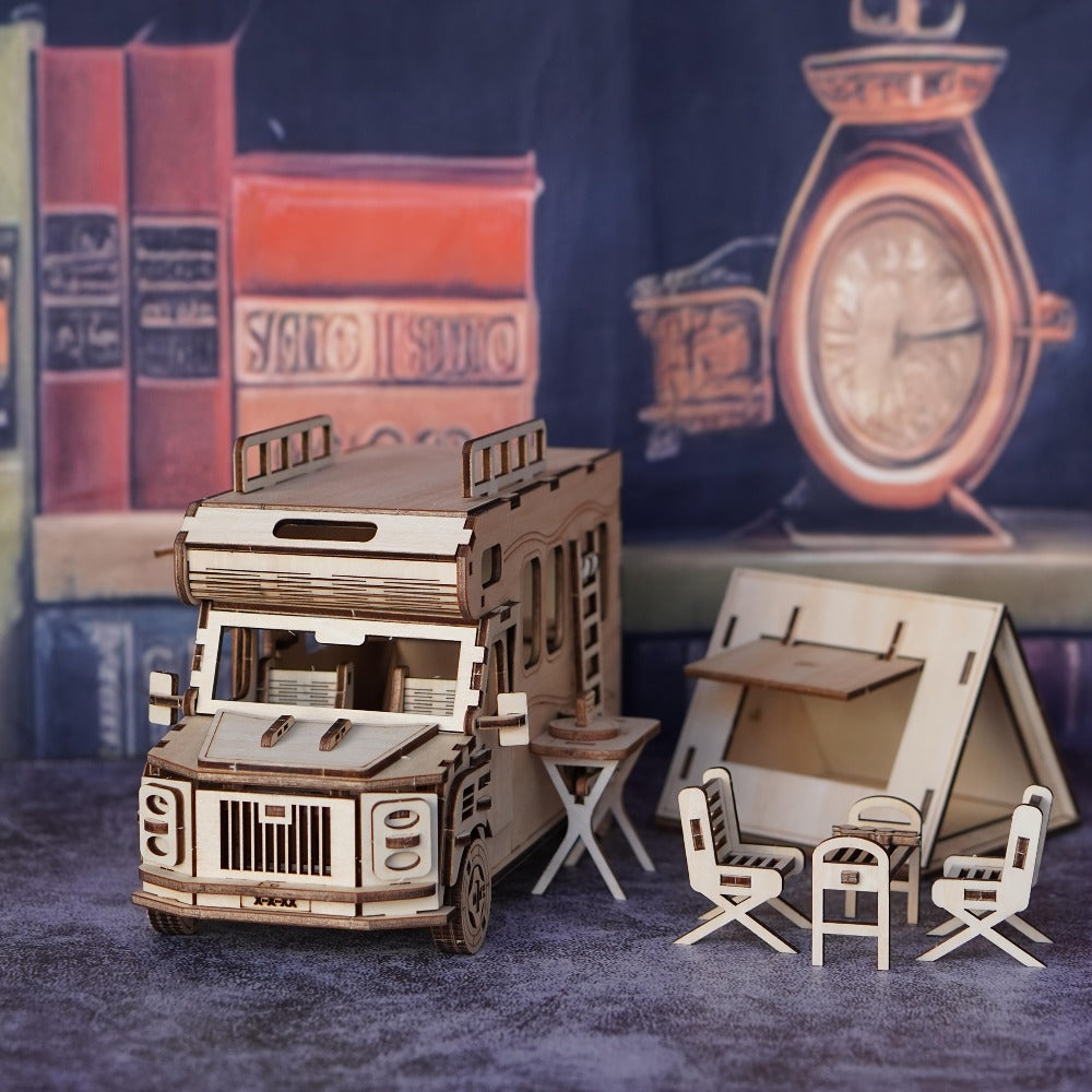 Wooden RV 3D Puzzle Model Kit with Motorhome Body, Fold-Out Side Panels and Miniature Camping Furniture — image 4