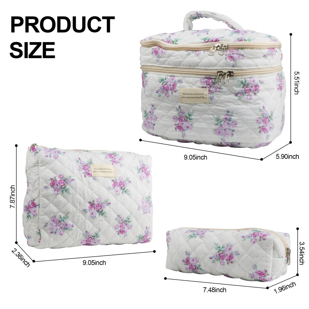 Quilted Floral Makeup Bag Set 3PCS Large Capacity Dual Layer Cotton Cosmetic Bags Coquette Aesthetic Travel Toiletry Organize