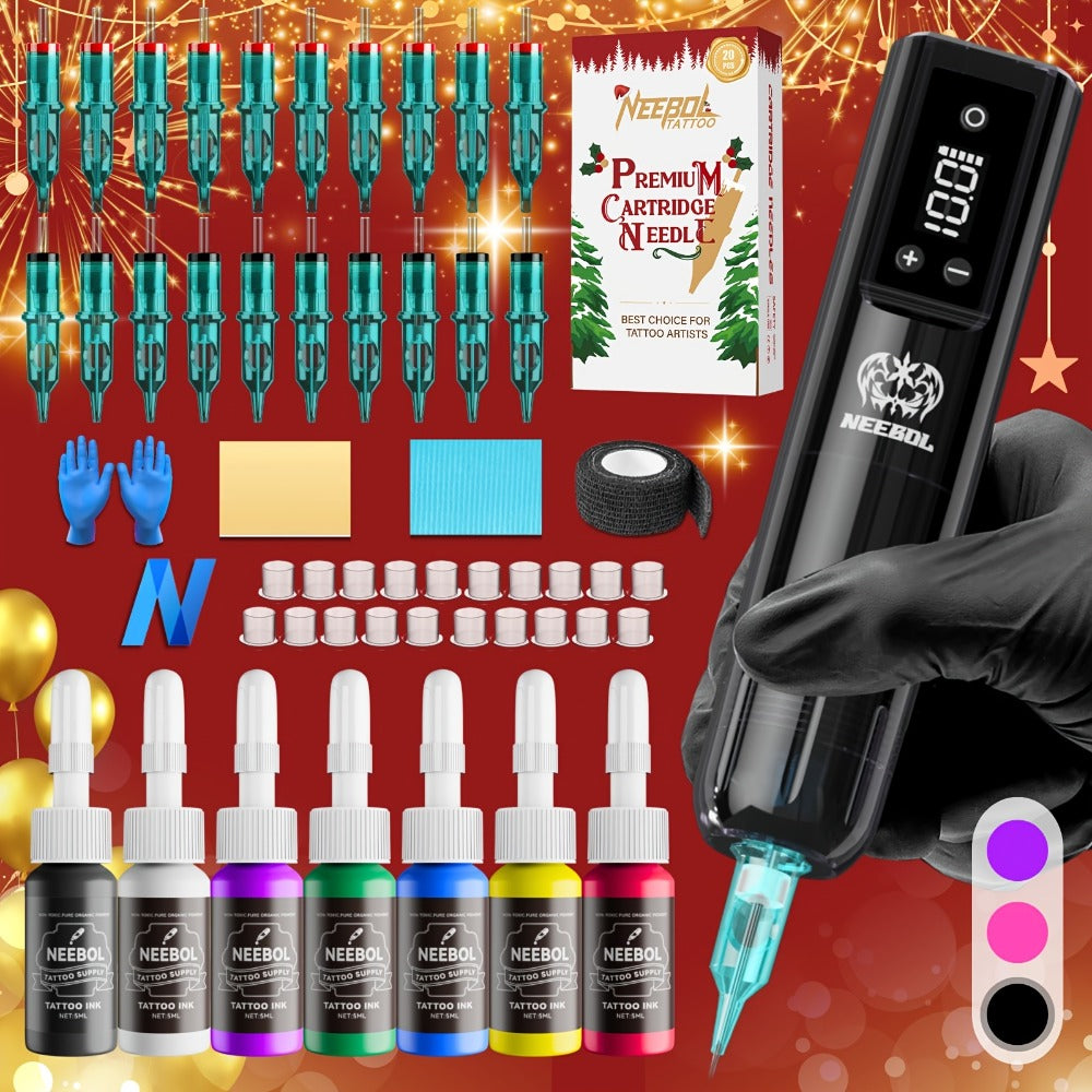 Cordless Rotary Tattoo Machine Kit Complete Set with Screen Display 6-8Hr Battery 20 Needles 7 Inks — image 1