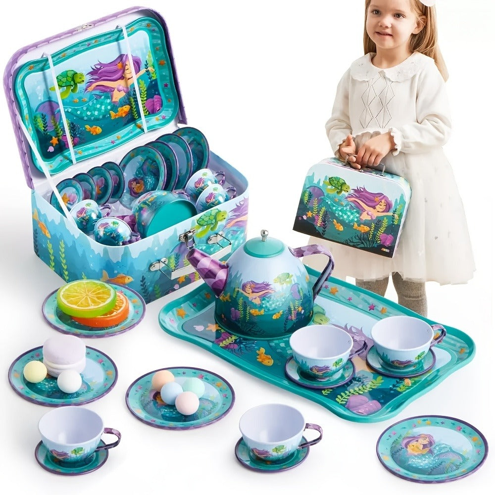 Mermaid Tea Party Set for Girls 21pcs, Tin Teapot, 4 Cups, Saucers, Plates & Carrying Case, Pretend Play Kitchen Toy for Todd