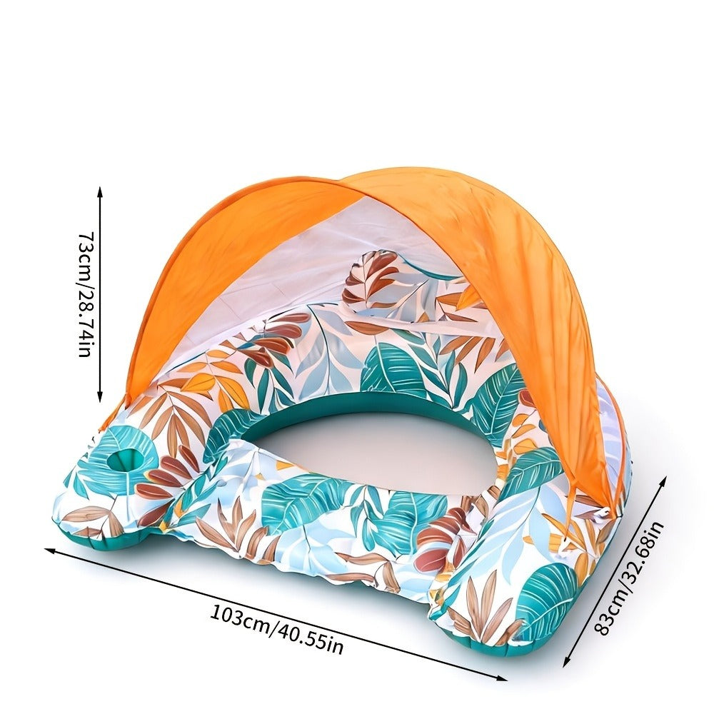 Tropical Leaf Inflatable Pool Lounger with Canopy, Cup Holder, Two Donut Drink Rings and Green or Blue Options — image 6