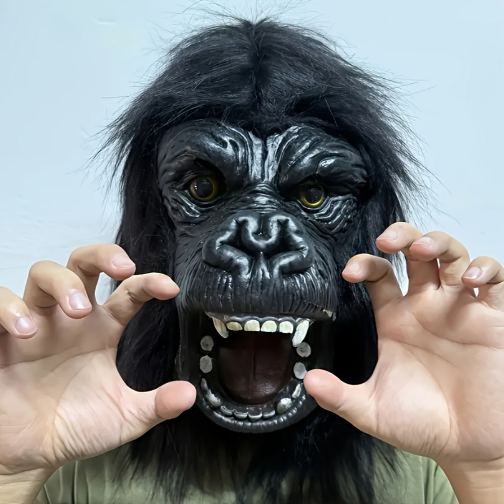 Black Gorilla Full-Head Costume Mask in Open-Eye or Eyeless Styles with Shaggy Fur and Open Mouth — image 5