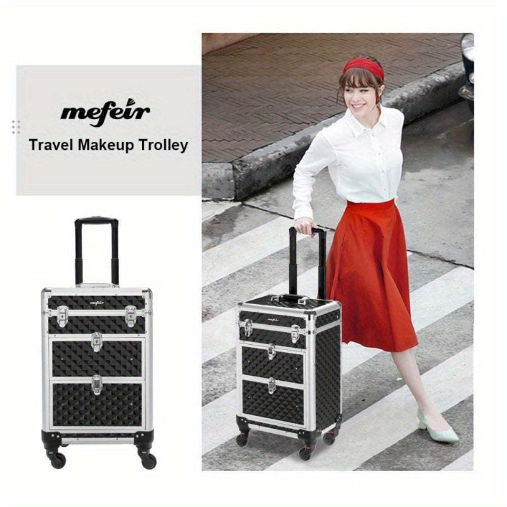 Black Rolling Makeup Train Case with Four Wheels, Telescoping Handle, Three Top Trays and Two Drawers — image 7