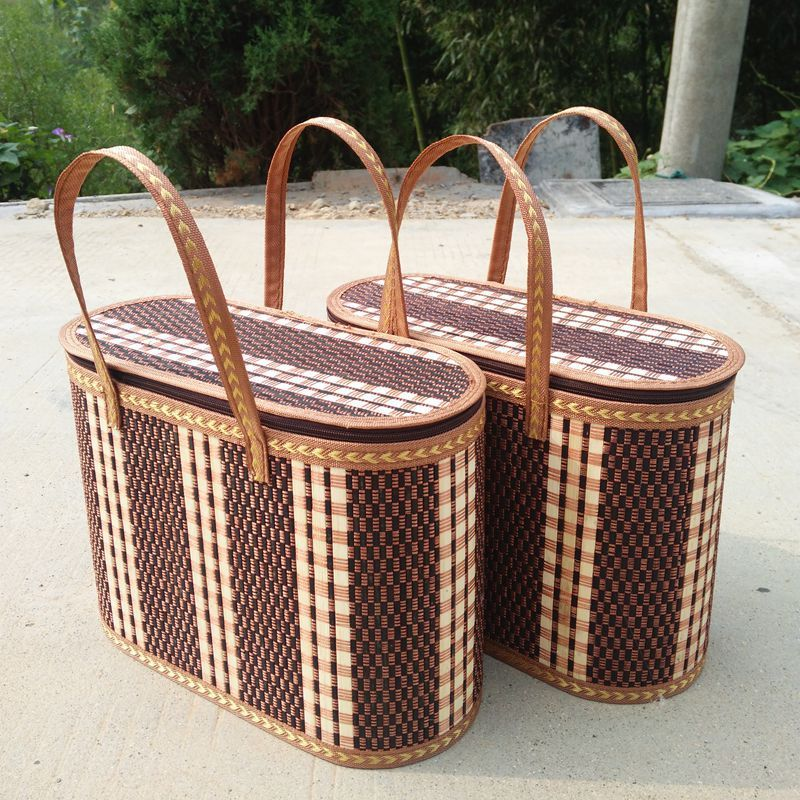 Woven Picnic Storage Basket with Fitted Checked Lid and Carry Handles, 14.17 x 6.3 x 10.24 Inches — image 5