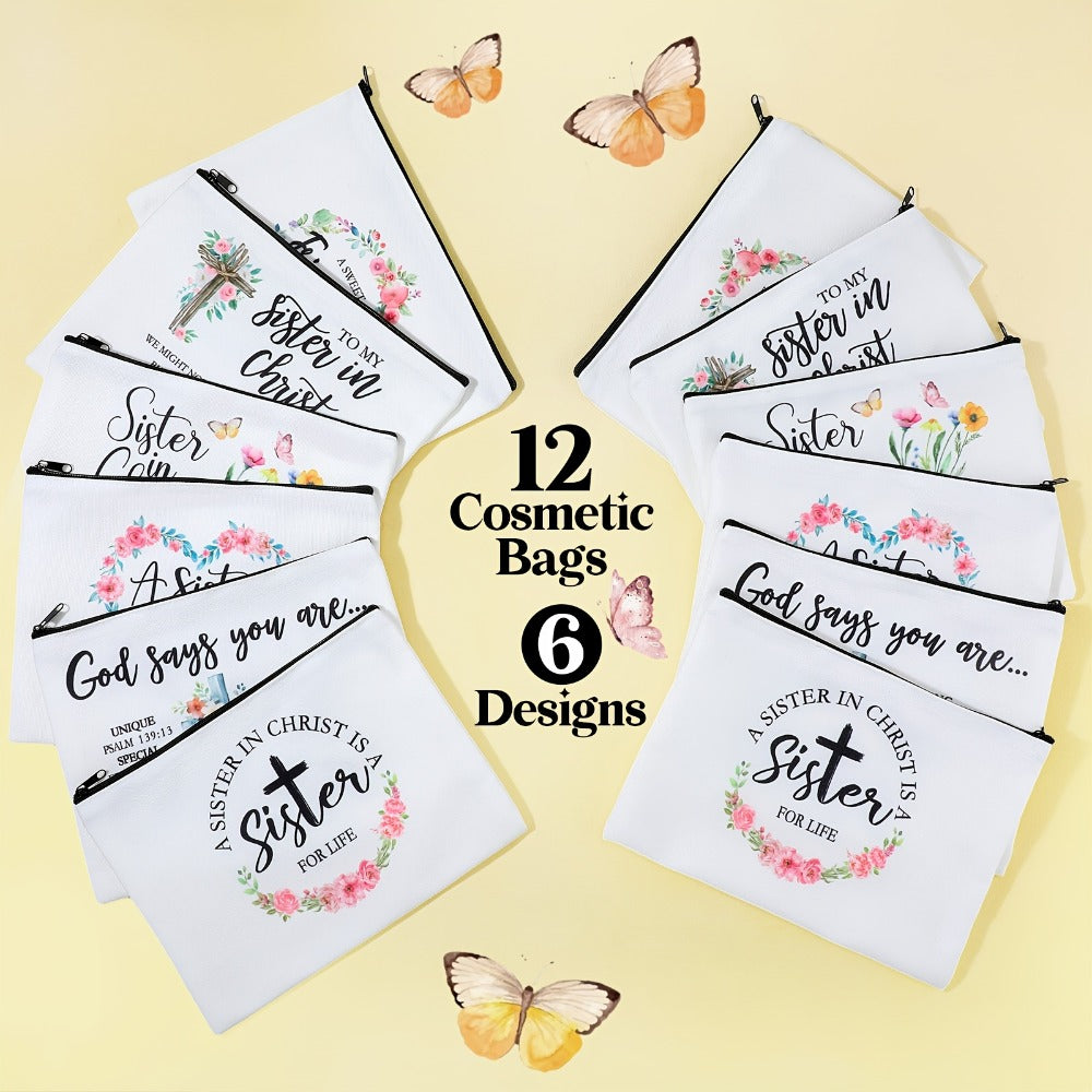 Twelve-Piece Faith-Themed Makeup Bag Set with Six Printed Designs, Mixed Colors and Black Zippers — image 5