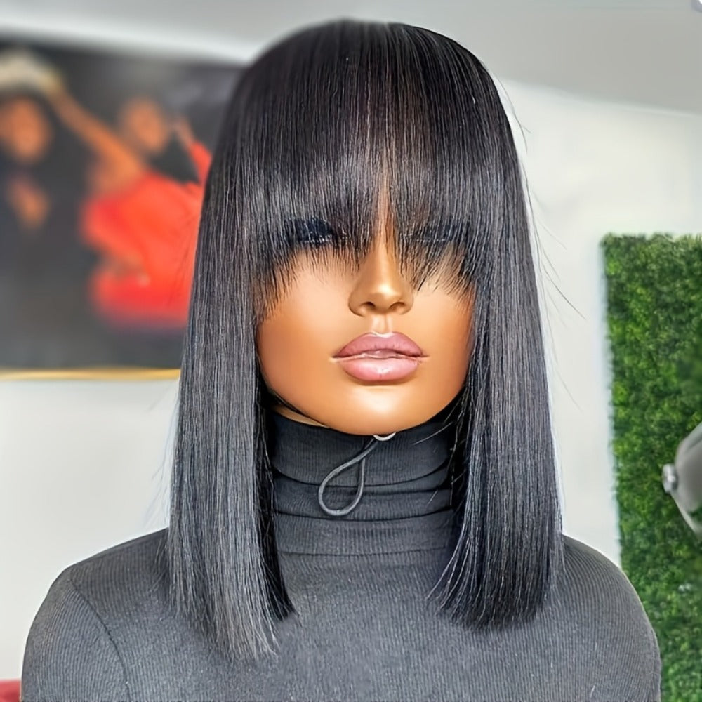 Straight Bob Human Hair Wig with Full Bangs, 250% Density, Rose Net Cap and 10-18 Inch Lengths — image 1