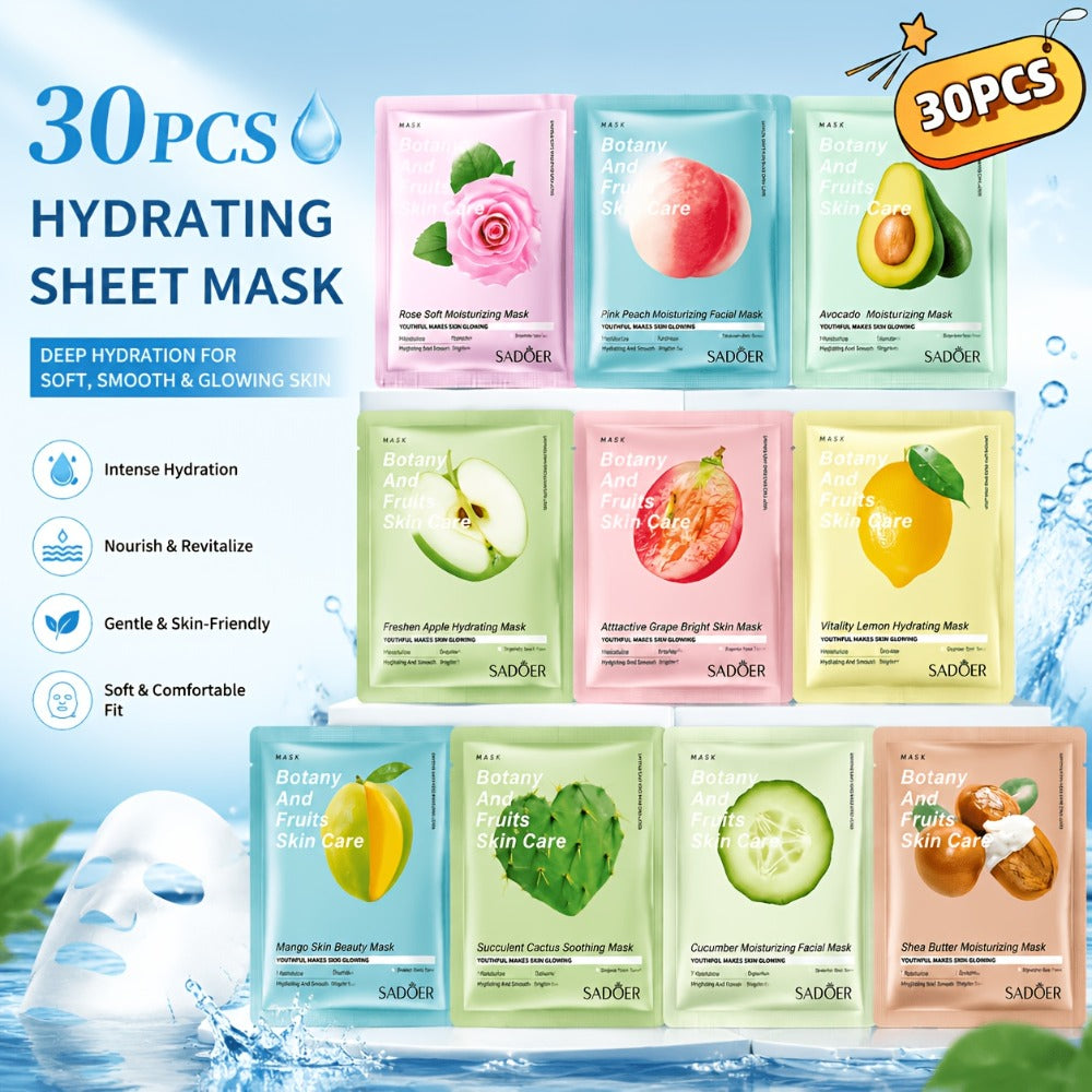 Thirty-Piece SADOER Sheet Mask Assortment with Individually Packed Fruit and Rose Pouch Labels — image 1