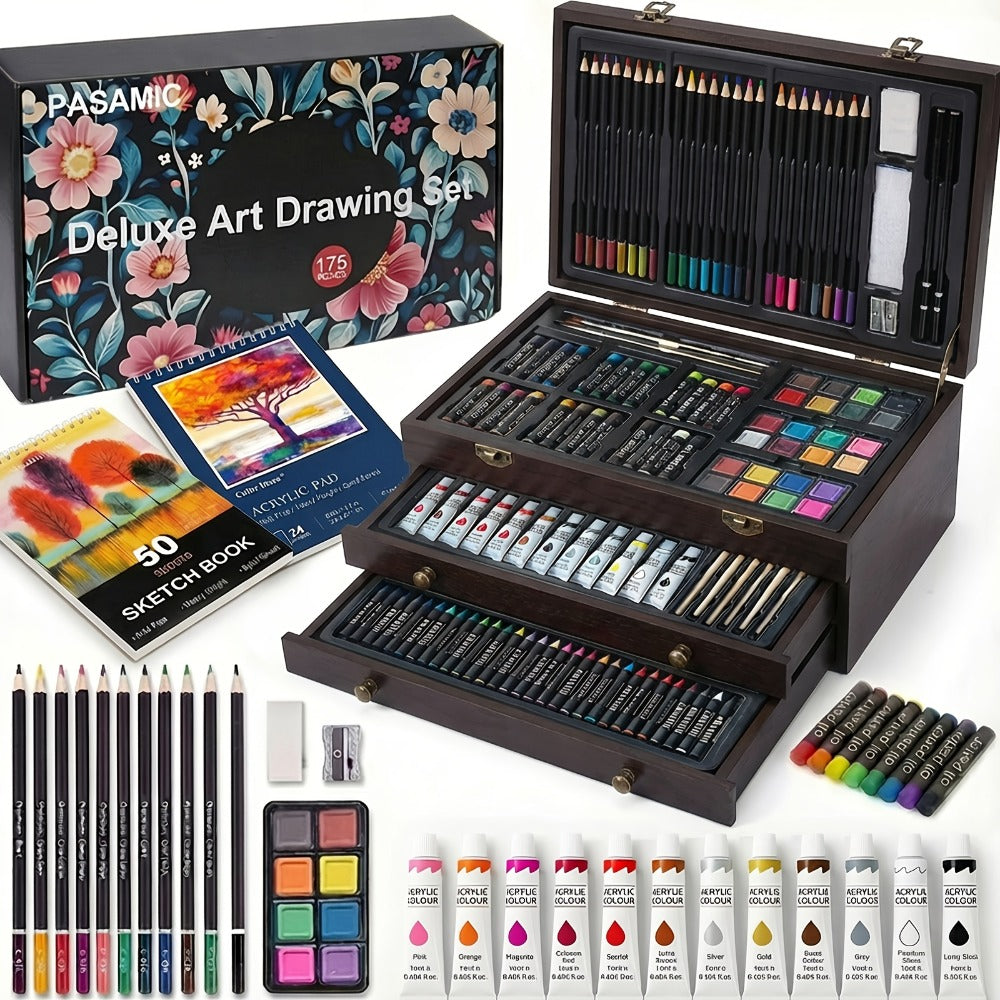 172 Piece Deluxe Art Set in Wooden Case with 2 Drawing Pads Crayons Acrylic with the Listed Color, Size or Set Options for Ev
