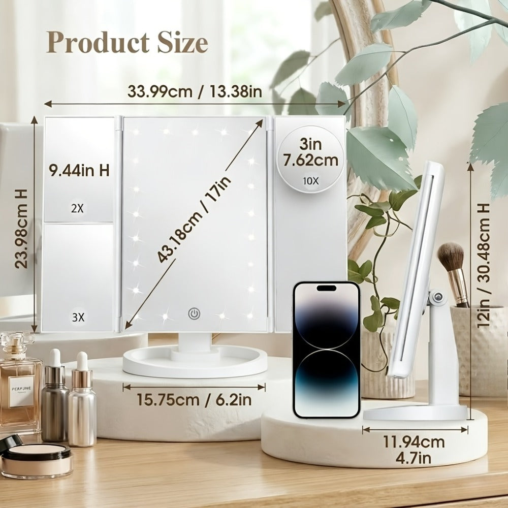Vanity Mirror with Lights Tri-Fold 21 LED Lighted Makeup Mirror Touch Control 1X 2X 3X 10X Magnification 360 Rotation Dual Po
