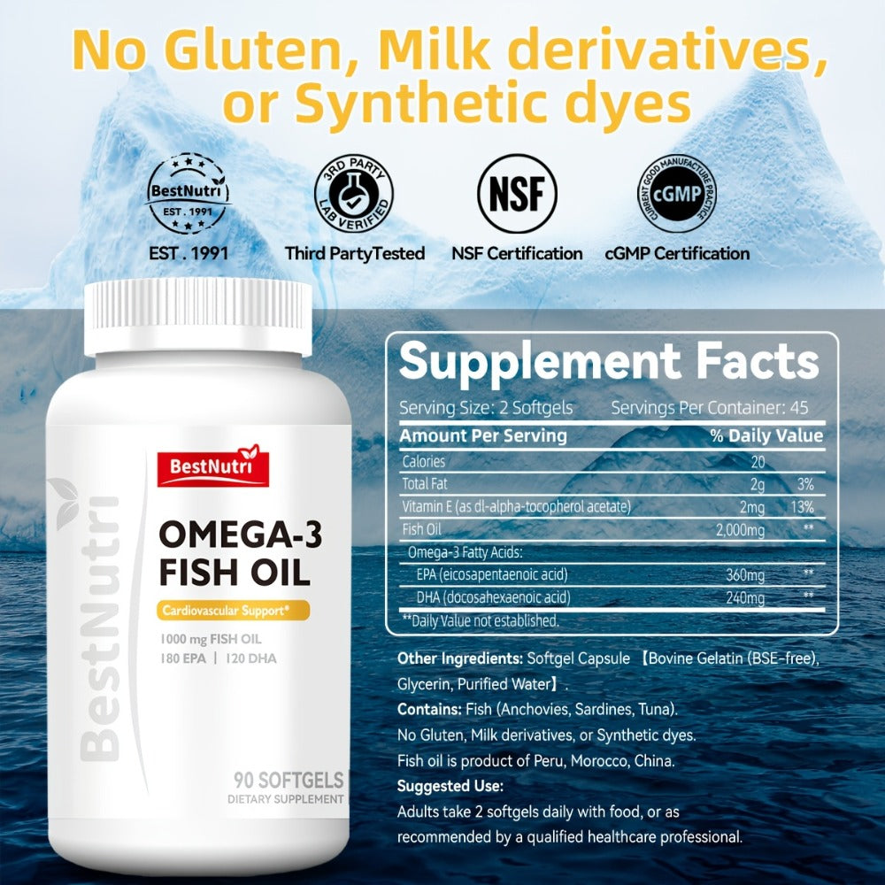 Omega-3 Fish Oil 2000mg Softgels with EPA & DHA, Cold-Extracted CGMP, Brain Vitality Heart Health Anti-Inflammatory Support —