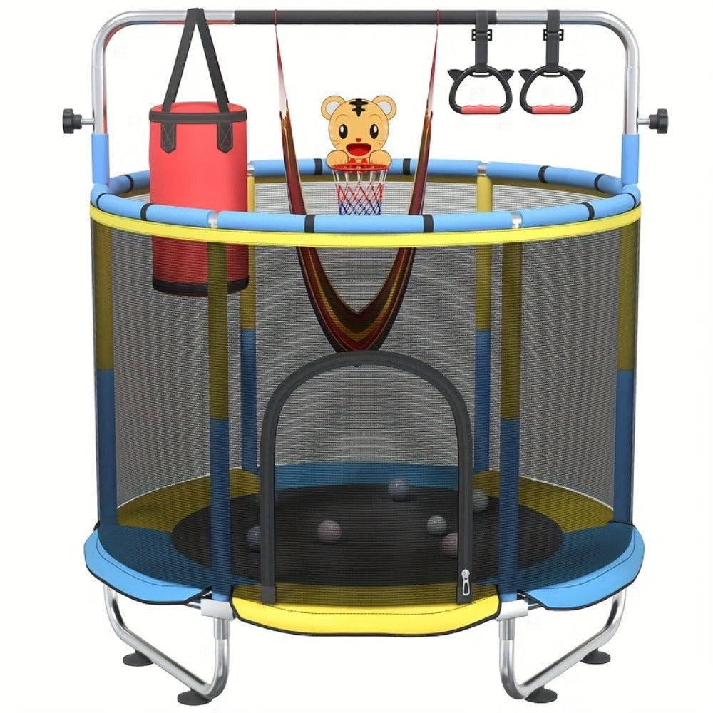 60 Inch Trampoline with Enclosure and Gymnastics Bar, Height Adjustable Indoor Outdoor Round Trampoline with Toys for Kids — 