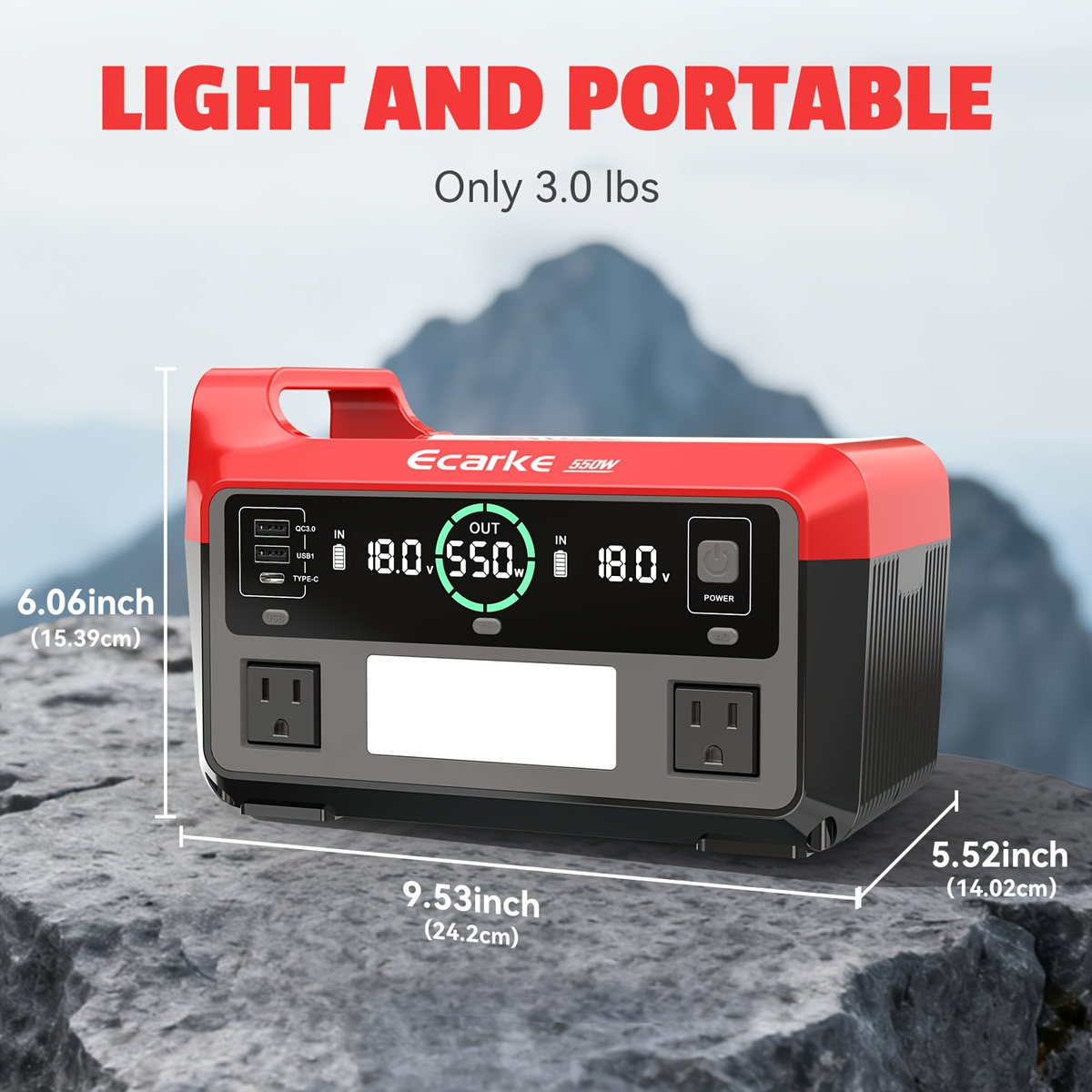 Pure Sine Wave Inverter 550W for 18V Battery - DC 18V to AC 110V, 2×USB-C 20W Fast Charge, 2×USB-A — image 3