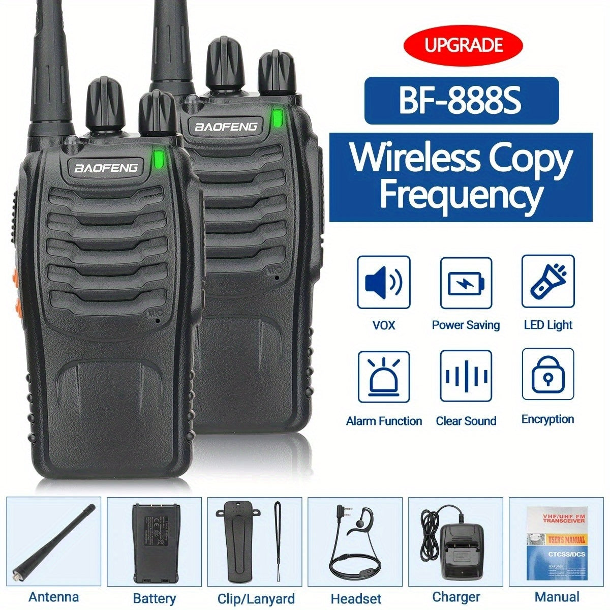 Baofeng BF-888S Walkie Talkie 2-Pack – Long Range UHF Two Way Radio, Wireless Frequency Copy, Portable Ham Radio for Hunting,