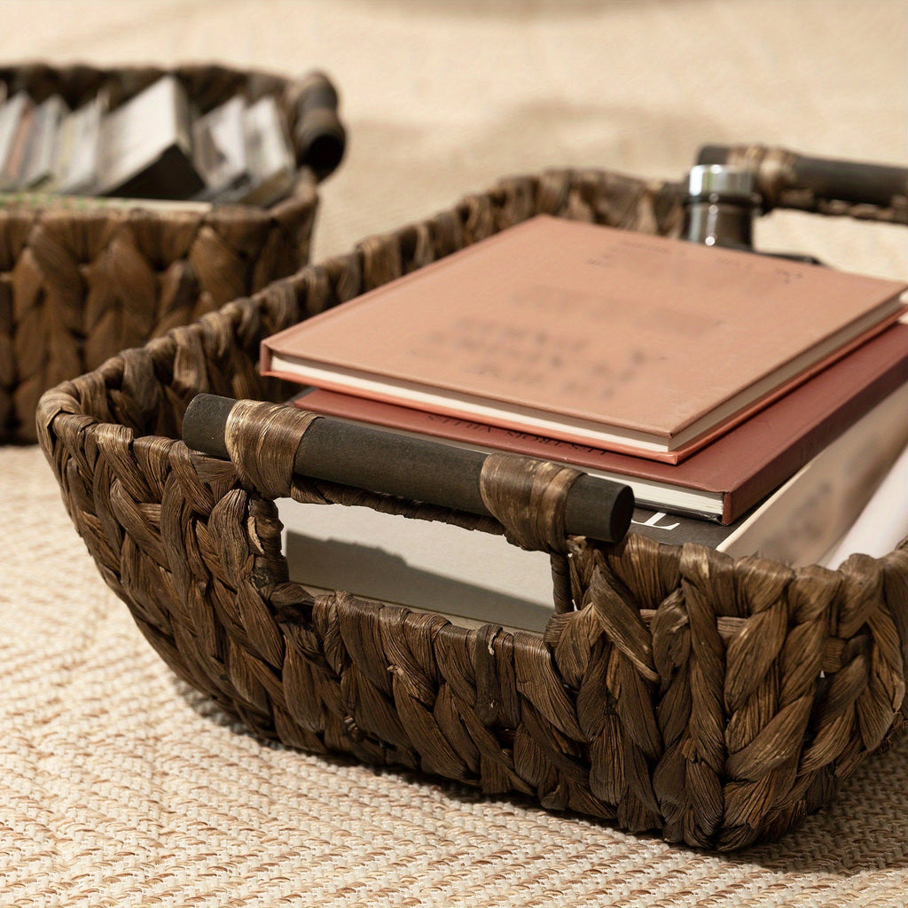 Water Hyacinth Woven Storage Baskets 2-Pack with Wooden Handles in Natural Seagrass Options — image 2