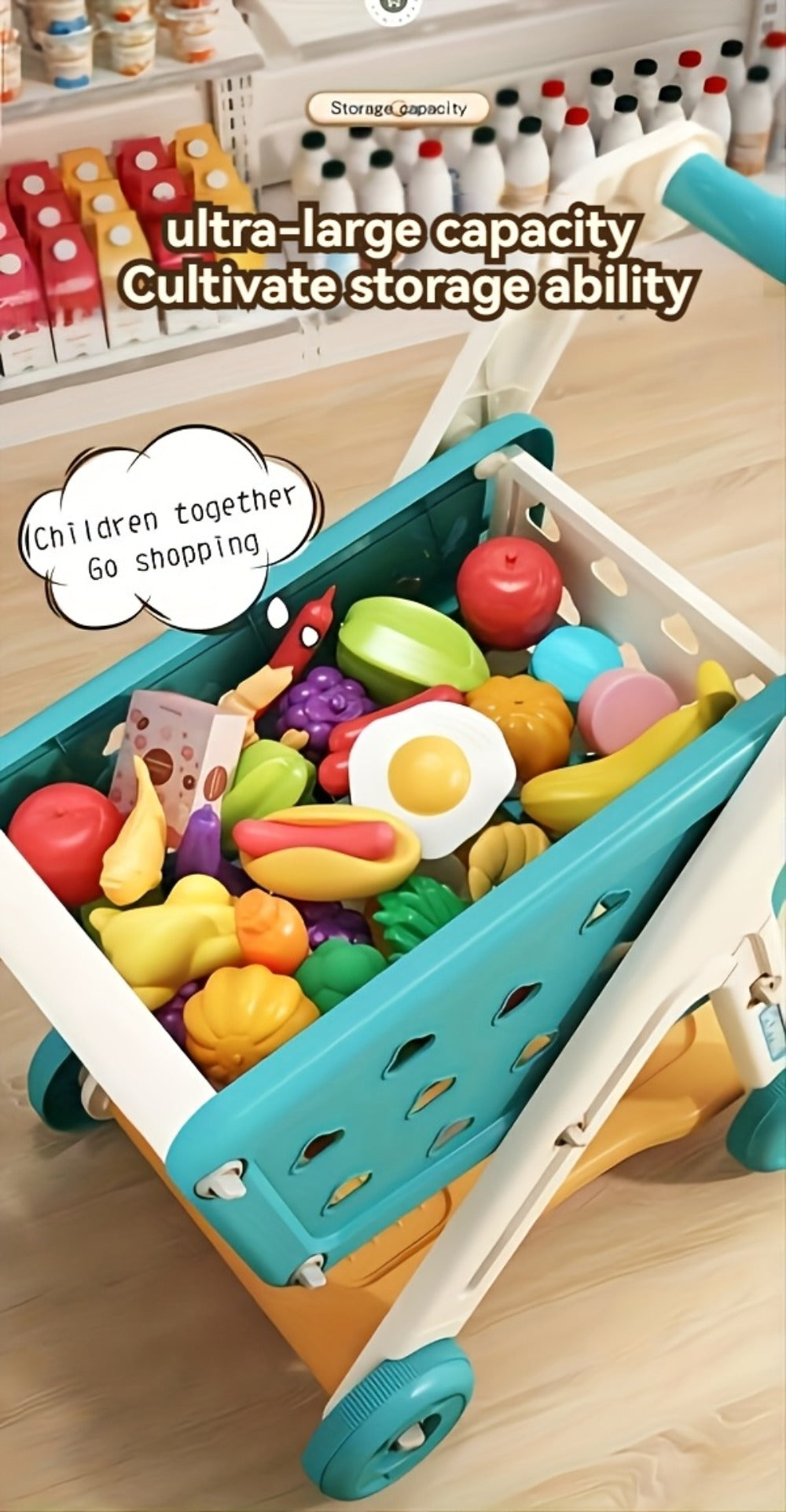 Kids Pretend Play Shopping Cart Toy Set with Realistic Food & Grocery Accessories, Supermarket Role Play for Toddlers Girls B