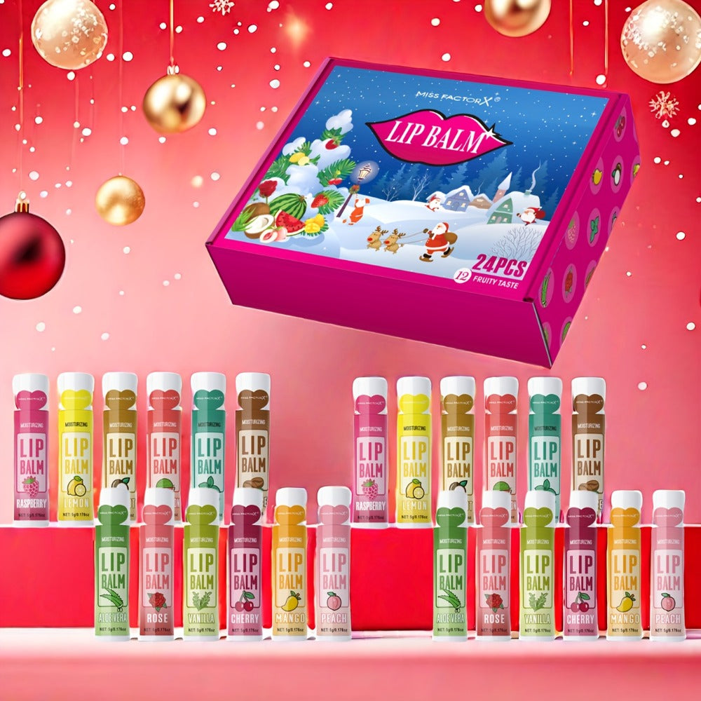 Lip Balm 24-Piece Holiday Gift Box with 12 Assorted Flavor Labels and Colorful Twist-Up Tubes — image 10