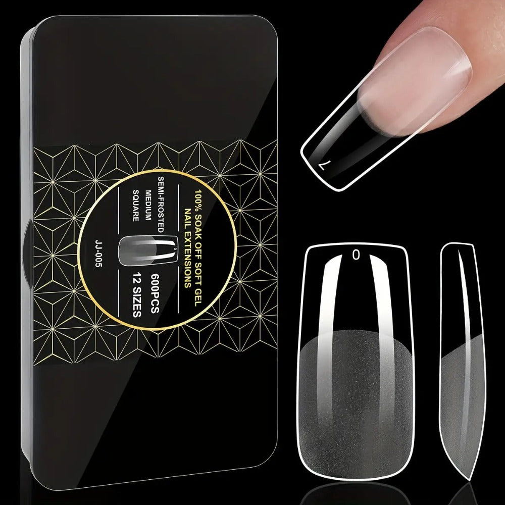 Gel Nail Tips 600 Pieces Clear Crystal Full Cover Nail Extensions – Almond Oval Coffin Stiletto Square Short Medium Long Soft