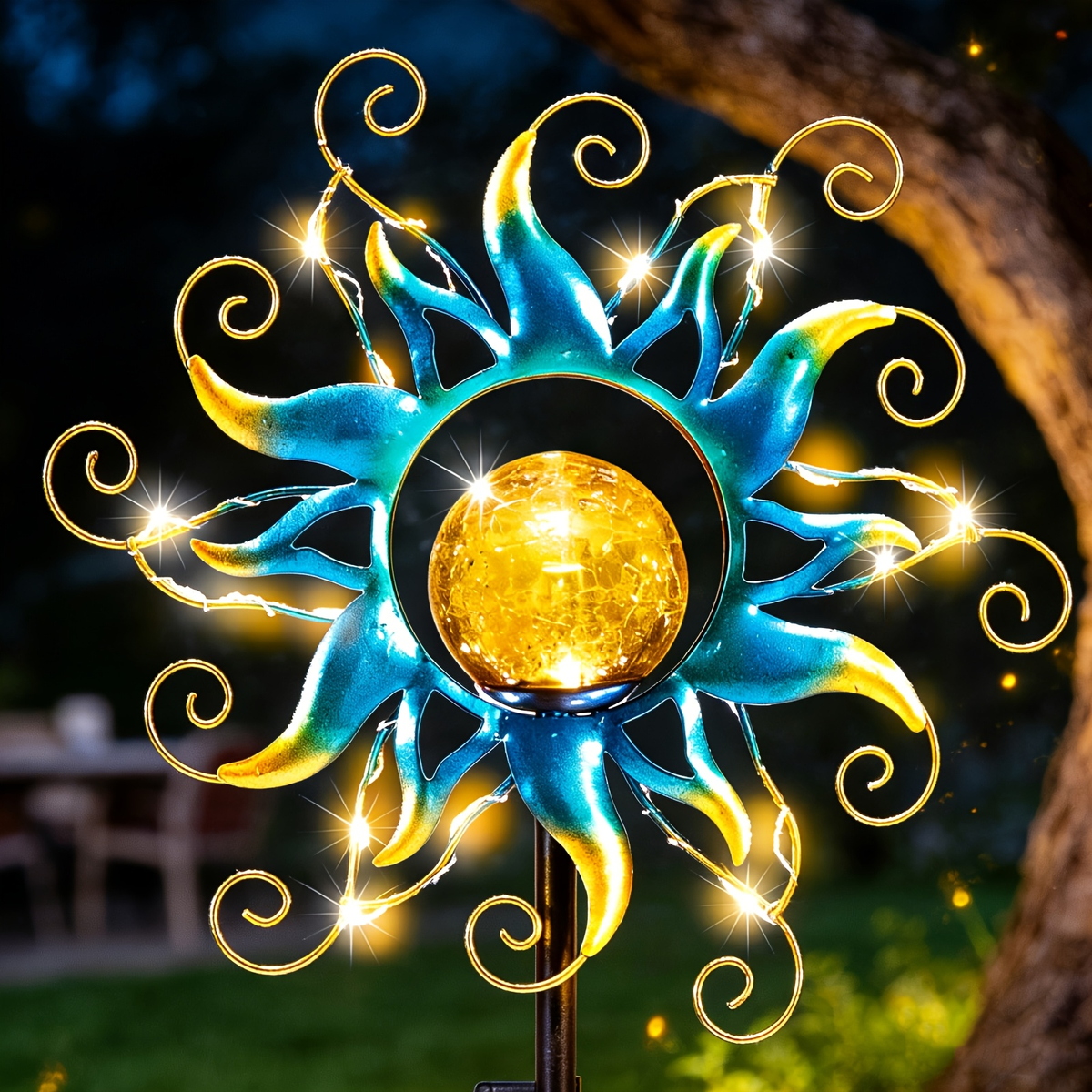 Solar Garden Lights Blue Sun-Shaped LED Stake, IPX4 Rated with Separate Solar Panel for Path Decor — image 1