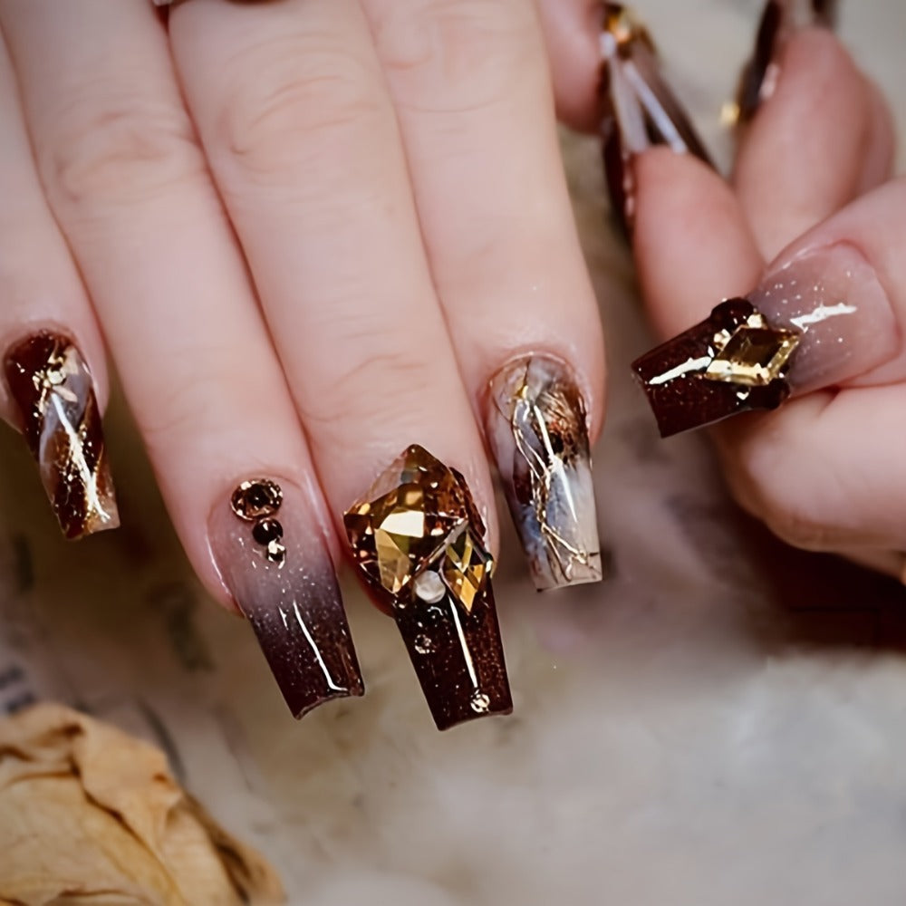 Press On Nails 144-Piece Medium Coffin Set with Blue Marble, Sequins and Included Nail Glue — image 8