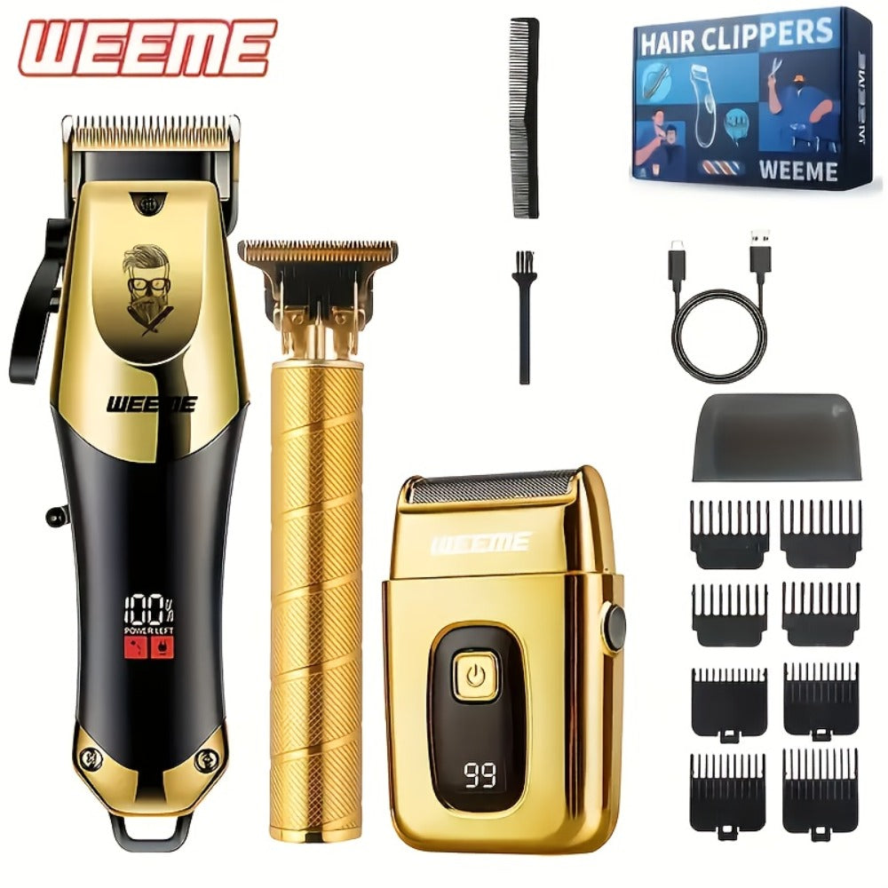T-Blade Hair Clipper Set for Men – Golden Series USB Rechargeable Trimmer Kit with Guide Combs & Cleaning Brush, 1pc 2pcs 3pc