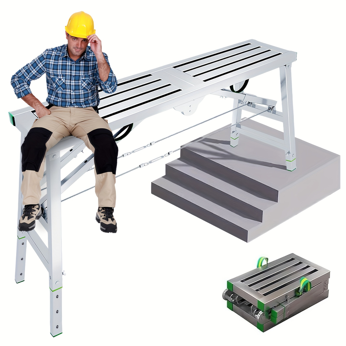 Scaffolding Work Platform Folding Steel Step Ladder Adjustable Height Portable Drywall Bench for Garden, Patio and Yard Use —