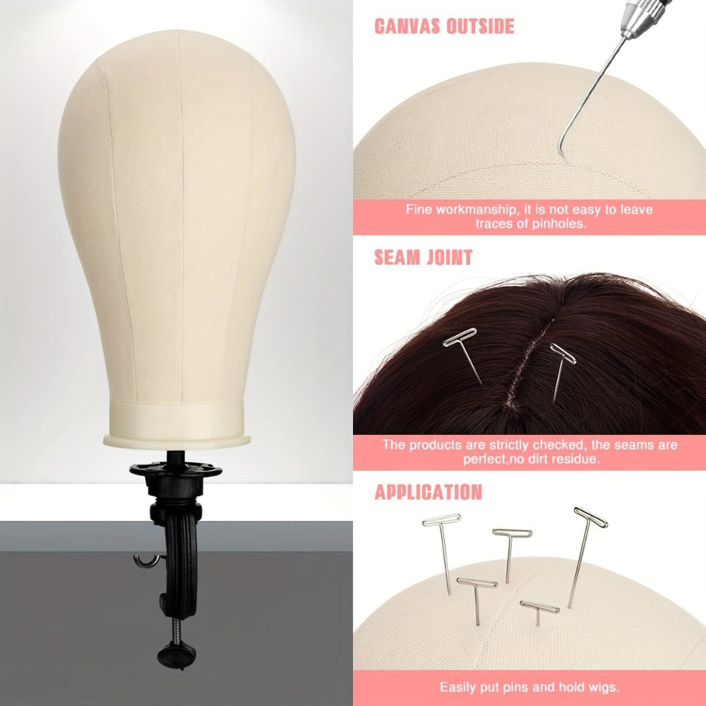 Canvas Mannequin Head and Tripod Wig Stand Kit, 22-Inch Block with Clamp, Pins, Combs and Brushes — image 3