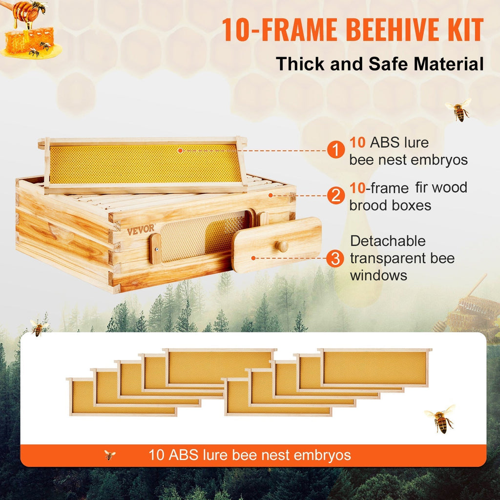 Beehive Kit 10 Frame Cedar Wood Bee Hive with Transparent Windows & Beeswax Coating, for Garden, Yard and Pest Management — i