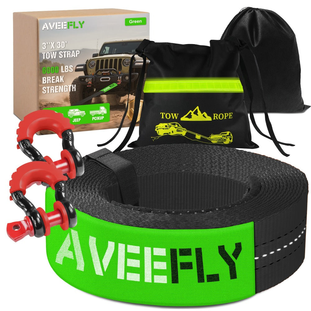 Recovery Tow Strap 4-in-1 Kit 4000-6000 LBS – Off-Road Emergency Strap with D-Ring Shackles, Safety Flag & Storage Bag for Tr