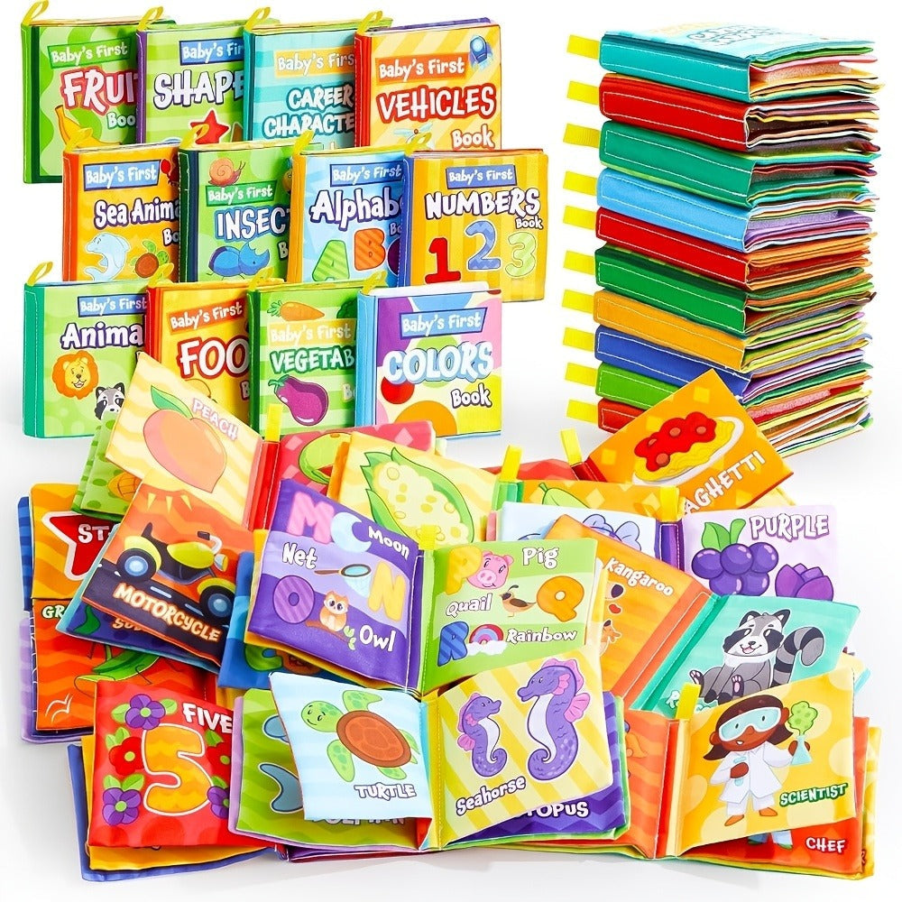Baby Cloth Books Set of 12, Crinkle Fabric Bath & Sensory Books for Infants & Toddlers, Touch-and-Feel Early Learning First B