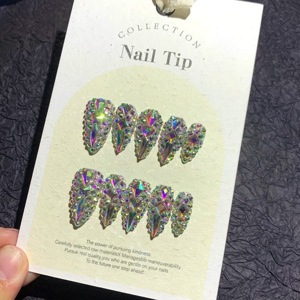 Press On Nails 10-Piece Medium Almond Glitter Color-Block Set with AB Crystal Rhinestones and Tool Kit — image 3