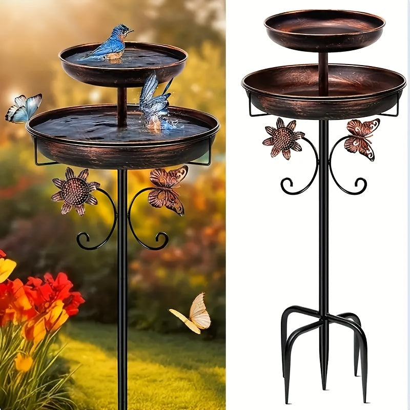 Two-Tier Bird Bath and Feeder with 5-Claw Ground Stake, Copper-Color Bowls and Leaf Accents — image 1