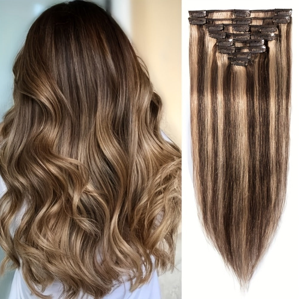 Hair Extensions Straight Remy Human Hair Clip-In Set with Eight Wefts, Highlighted Blonde Colors and 8–24-Inch Lengths — imag